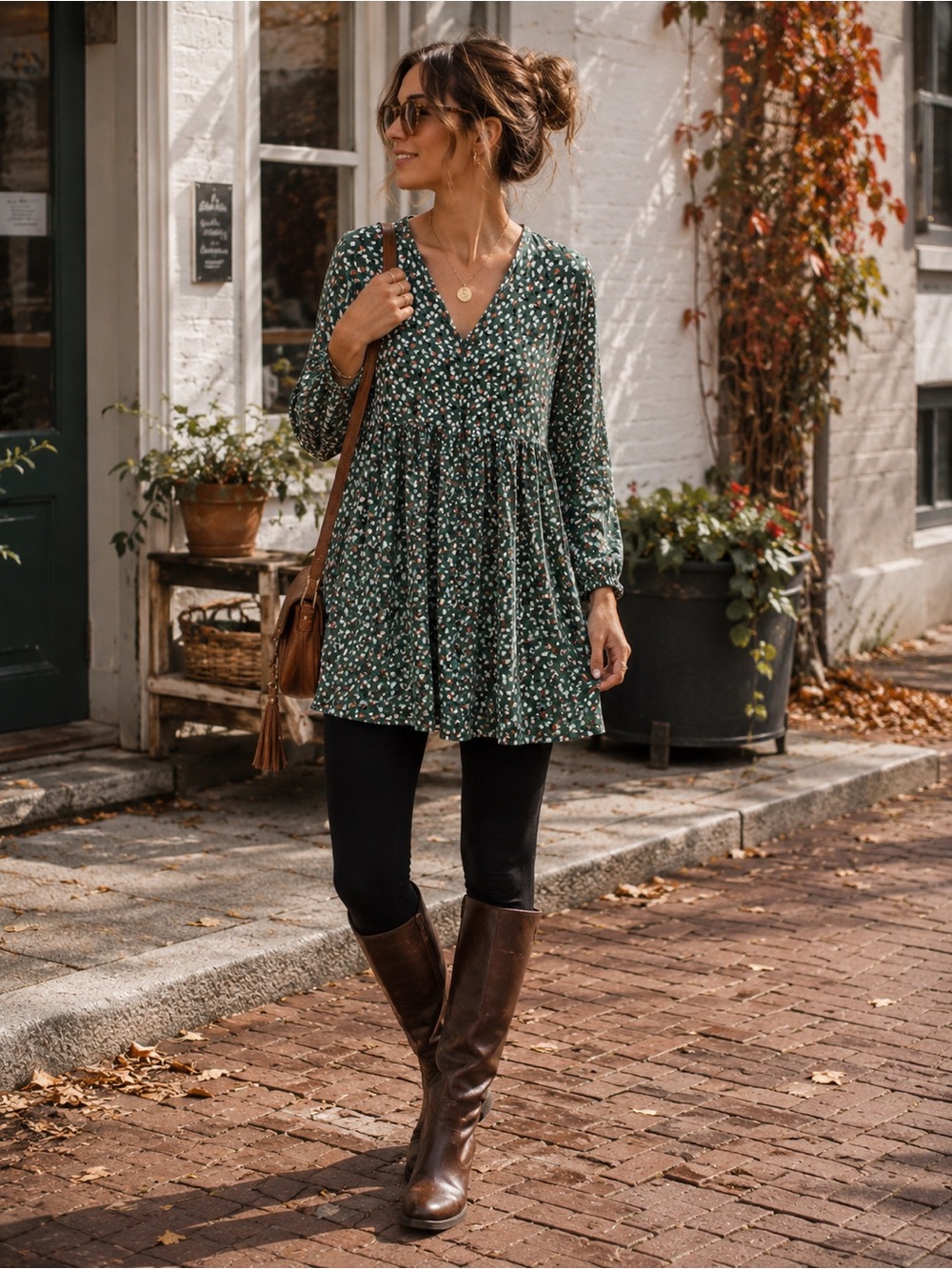 FatFace Babydoll Tunic Top Size 8 Green Floral Long Sleeve V Neck